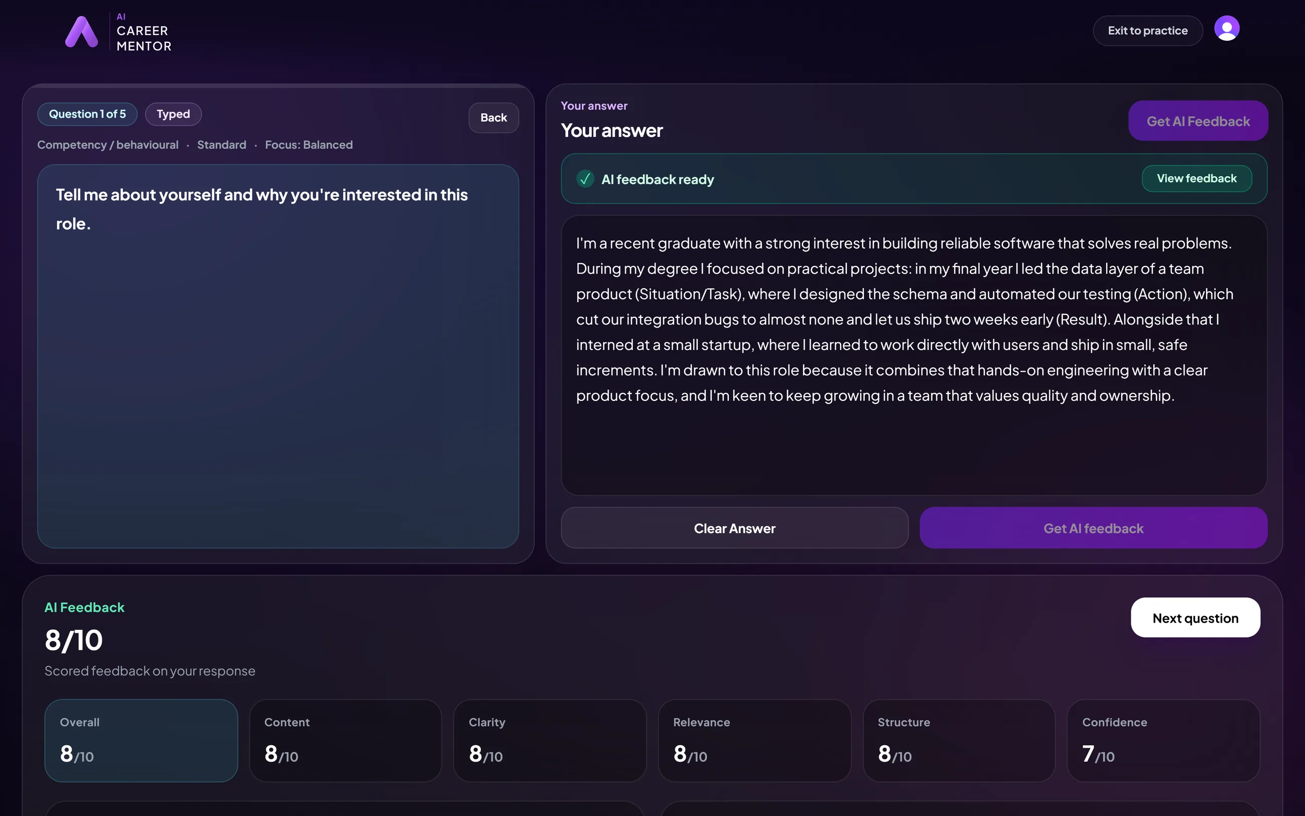 AI feedback scoring an interview answer on content, clarity, structure and confidence